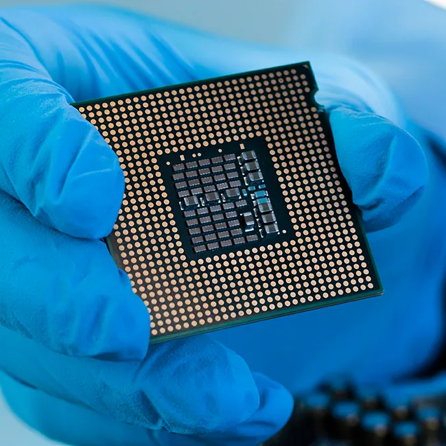 Semiconductor chip being handled in a controlled manufacturing environment